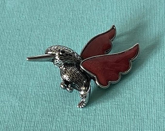 Hummingbird brooch, silver hummingbird pin, red hummingbird brooch, bird jewelry, bird brooch, hummingbird jewelry, red bird brooch, birds