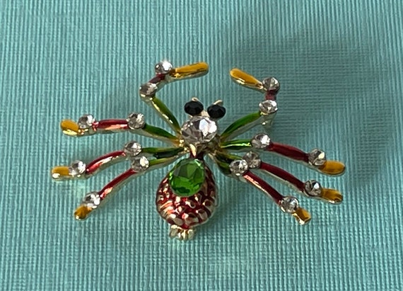 Rhinestone spider brooch, green spider pin, yello… - image 8