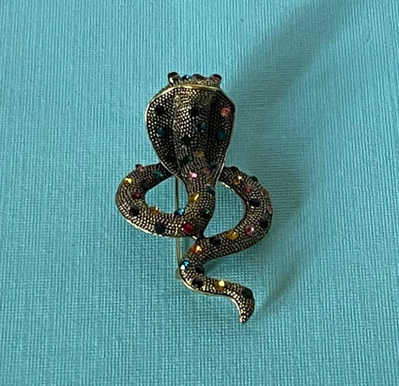 Rhinestone snake brooch, cobra brooch, gold snake… - image 1