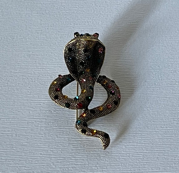 Rhinestone snake brooch, cobra brooch, gold snake… - image 4