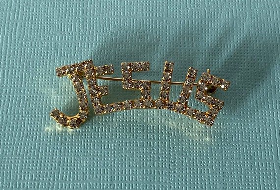 Vintage Jesus brooch, Jesus pin, rhinestone Jesus… - image 3