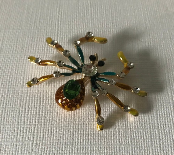 Rhinestone spider pin, spider brooch, green rhine… - image 3