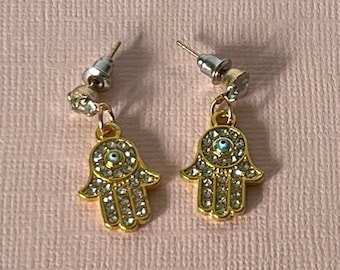 Rhinestone hamsa hand earrings, evil eye protection earrings, gold hamsa hand earrings, pierced earrings, evil eye earrings, lucky earrings