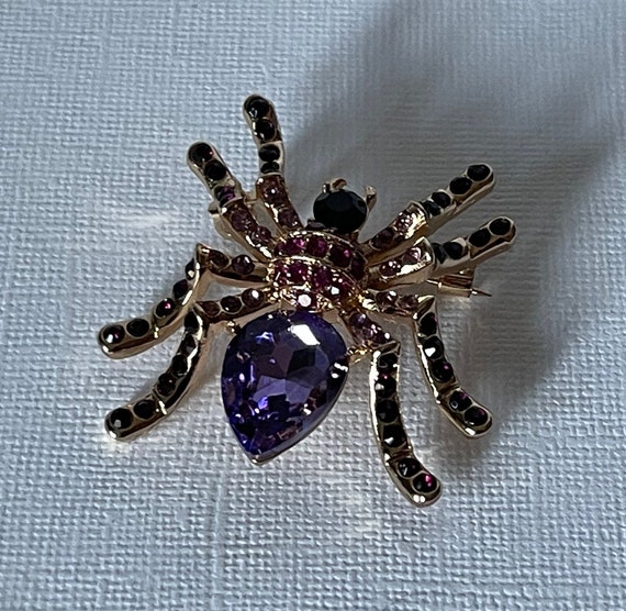 Rhinestone spider brooch, purple spider pin, spid… - image 4