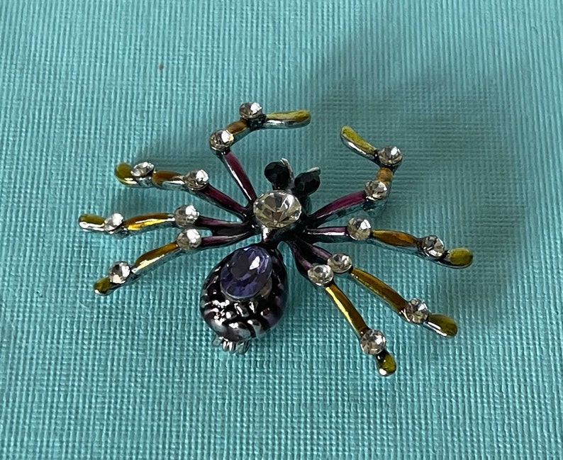 Rhinestone spider brooch, purple spider pin, yellow spider brooch, spider jewelry, tarantula, Halloween spider pin, insect image 2