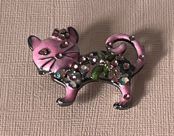 Pink cat brooch, rhinestone cat pin, boho cat pin… - image 2