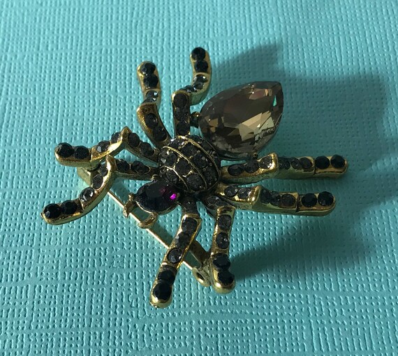 Rhinestone spider brooch, gold spider pin, purple