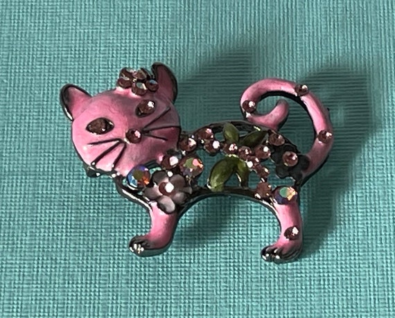 Pink cat brooch, rhinestone cat pin, boho cat pin… - image 1