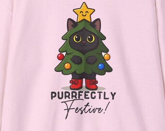 Árbol de Navidad con gato negro PNG – Sublimación navideña (Descarga digital)