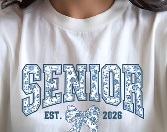 Senior 2026 Chinoiserie Bow PNG — Blue Floral Graduation Sublimation Design for Shirts & Gifts