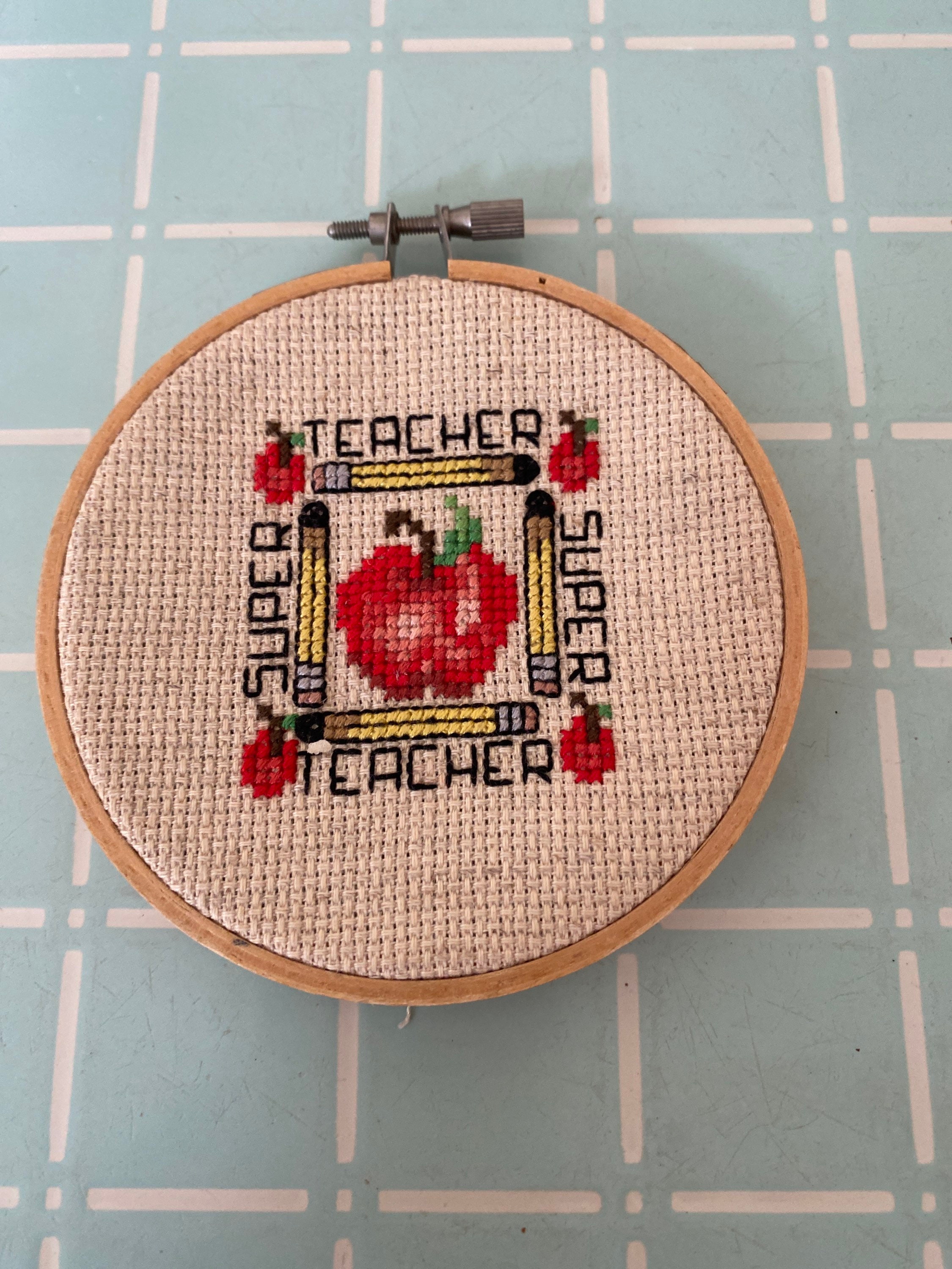 Finished Super Teacher Counted Cross Stitch Hanging with Hoop | Etsy