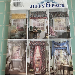 May include: Simplicity Jiffy 6 Pack sewing pattern. The pattern features six different window treatment designs. The package is white with images of the finished curtains. The text "ONE SIZE" is visible on the package.