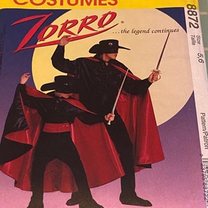 May include: A sewing pattern for a Zorro costume. The pattern includes instructions for making a black and red costume with a cape and a mask. The pattern is for sizes 5 and 6. The pattern is from McCall's Costumes and is licensed by Zorro Productions Inc.