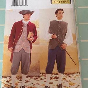 May include: A sewing pattern for a historical costume. The pattern is for sizes 38, 40, and 42. The pattern is called "Making History" and is from the brand Butterick.