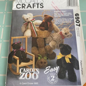 May include: McCall's Crafts sewing pattern for Carol's Zoo stuffed animals. The pattern includes instructions to make a bear, rabbit, and lamb. Dolls are 16 inches tall. The cover features images of the finished stuffed animals.