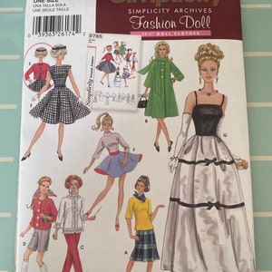 May include: Simplicity Archives Fashion Doll sewing pattern, featuring 11 1/2 inch doll clothes. The pattern includes a variety of outfits, including a green coat, a black dress with a white bow, a red and white checkered dress, a yellow top with a plaid skirt, and a white blouse with red pants. The pattern is designed by Teri.