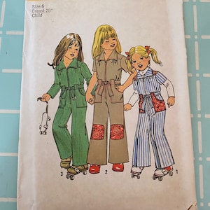 May include: Simplicity sewing pattern number 7277 for children's clothing. The pattern includes three different styles of pants with a 25 inch chest size for a child size 6. The pattern cover features three girls wearing the different pants styles. The girls are wearing roller skates and one girl is holding a toy dog.