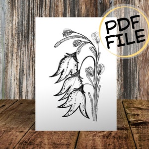 Druckbare Blumenkarte, Glückwunschkarte, Geburtstag, Glückwunschkarte, Dankeskarte, diy, pdf, Einladung, schwarze Linien, Blumen, Glockenblume