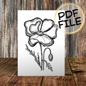 Druckbare Blumenkarte, Glückwunschkarte, Geburtstag, Glückwunschkarte, Dankeskarte, diy, pdf, Einladung, schwarze Linien, Mohn, valmue