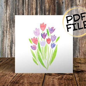 Cartão de flores para impressão, parabéns, dia das mães, aniversário, cartão de felicitações, faça você mesmo, pdf, convite, aquarela, colorido, flores, tulipas
