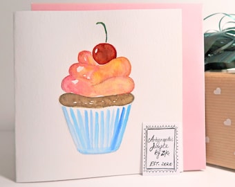 Cute Cupcake Card, handmade, handpainted, original painting, paper card, greeting card, birthday card, sweet, watercolor