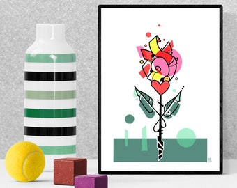 colorful retro flower wall art, naive art, quirky gifts, 8x11 printable floral wall art