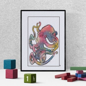 Octopus watercolor wall art, ocean lover gift,  housewarming gift, kraken print, rainbow printable wall decor