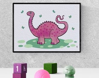 pink dinosaur, baby shower gift, girls room decor, diplodocus, printable wall art