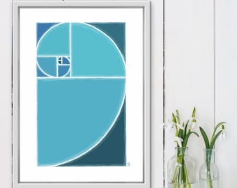 Golden ratio, Fibonacci spiral, blue aesthetic,  printable wall art, mathematics poster, math teacher gift, science poster, spiral wall art