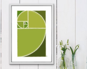 Golden ratio, Fibonacci spiral, green aesthetic,  printable wall art, mathematics poster, math teacher gift, science poster, spiral wall art