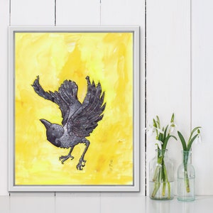 crow art print, raven wall art, watercolor and ink art, bird lover gift, printable wall art, yellow digital art