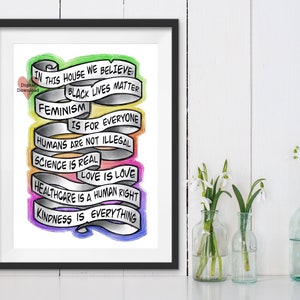 in this house we believe, printable, black lives matter, feminism poster, lgbtq art print, tattoo style wall art, in this house quote, image 1