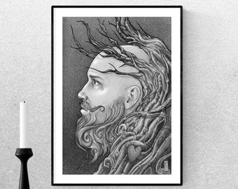 pencil drawing man, beard lover gift, housewarming gift for friend, magical realism, printable wall art, digital download