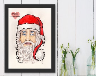 santa claus printable, wall art, santa portrait download, unusual christmas , decorations, four eyes, weird santa, crazy christmas card