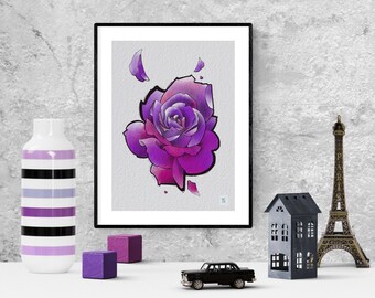 Watercolor flower, rose print, printable floral wall art, purple hobo rose