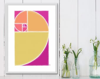 Fibonacci spiral  art print,  printable wall art, golden ratio, mathematics poster, math teacher gift, science poster, spiral wall art