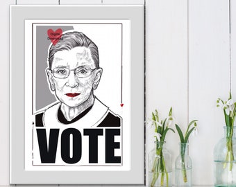 vote print download, ruth bader ginsburg, printable  , art poster, digital download, wall art, rgb portrait, rgb line drawing