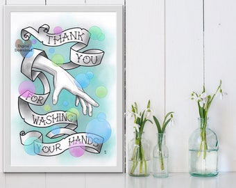 restroom sign, wash your hands, bathroom wall decor, blue and white printable, bathroom quote,  tattoo style wall art, thank you wall art