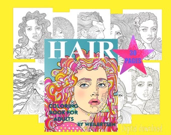 Hair coloring pages, portrait coloring book, advanced coloring for adults, hairdresser gift idea, difficult complex geometric people faces