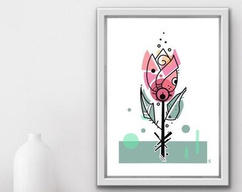 Impression d'art tulipe moderne du milieu du siècle : floral rose blush (impression numérique)