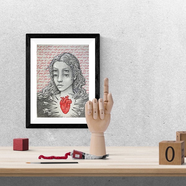 anatomical heart, sacred heart , four eyed girl, arabic calligraphy , creepy eyes, madonna poster, anatomical heart, surreal