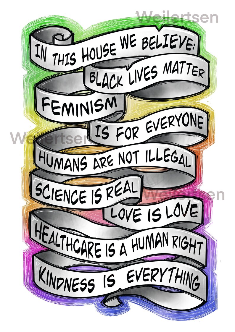 in this house we believe, printable, black lives matter, feminism poster, lgbtq art print, tattoo style wall art, in this house quote, image 2