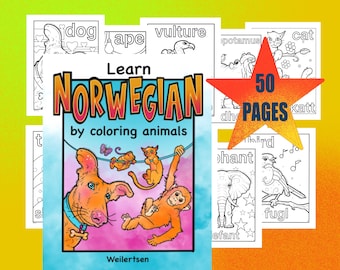 Learn Norwegian by coloring animals, for bilingual kids, printable coloring book instans download