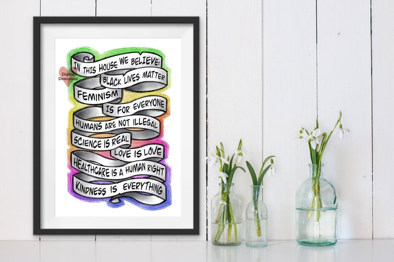 in this house we believe, printable, black lives matter, feminism poster, lgbtq art print, tattoo style wall art, in this house quote, image 1