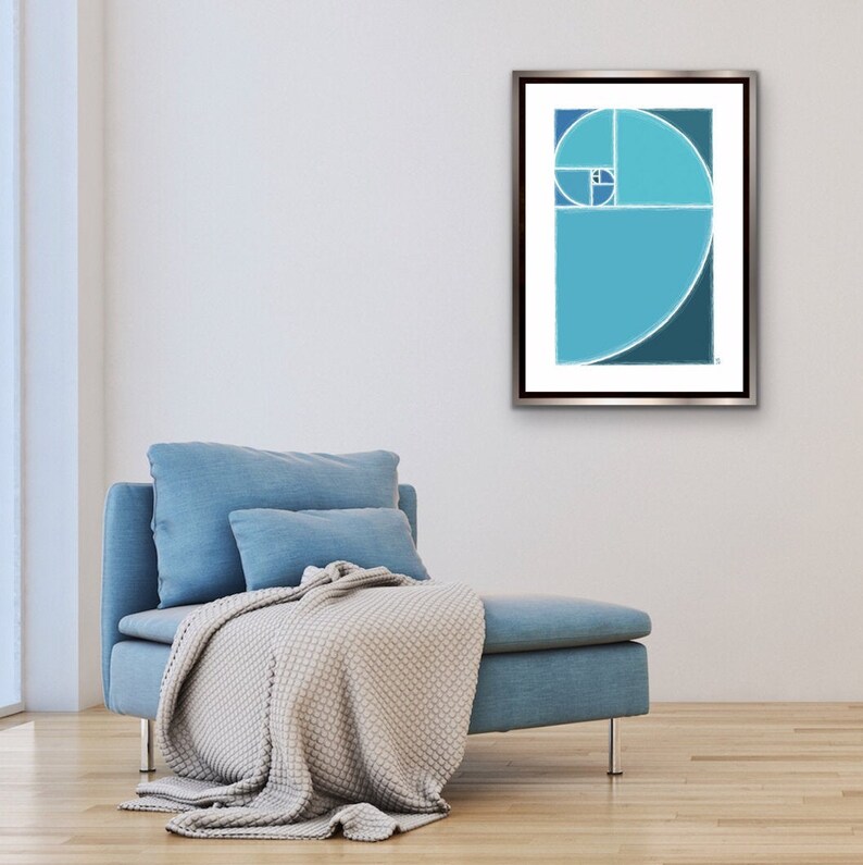 Golden ratio, Fibonacci spiral, blue aesthetic, printable wall art, mathematics poster, math teacher gift, science poster, spiral wall art image 6