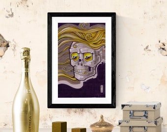 golden skull digital art, blonde skull printable, skull wall art, pirate home decor, gold cranium drawing, printable hairy skull, skull art