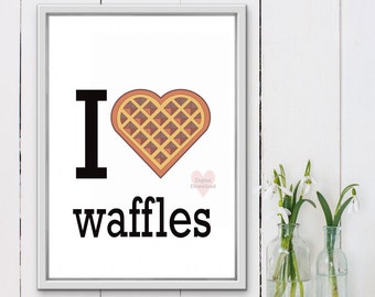 waffle wall art, I heart waffles, pastry poster,  food art printable, gift for foodie, food lover gift,  kitchen wall decor,