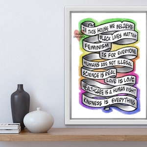 in this house we believe, printable, black lives matter, feminism poster, lgbtq art print, tattoo style wall art, in this house quote, image 3