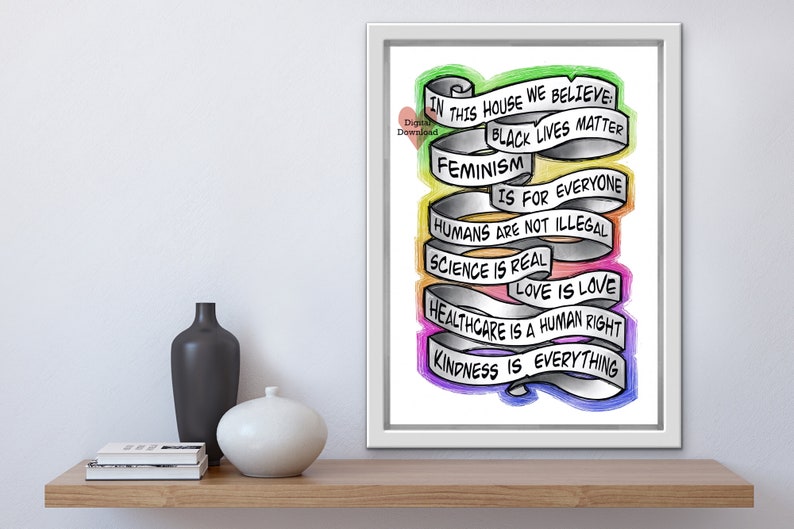 in this house we believe, printable, black lives matter, feminism poster, lgbtq art print, tattoo style wall art, in this house quote, image 3