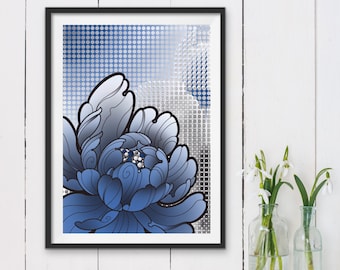 Blaue Pfingstrose Pop Art Print, Einweihungsgeschenk (Digitaler Download)